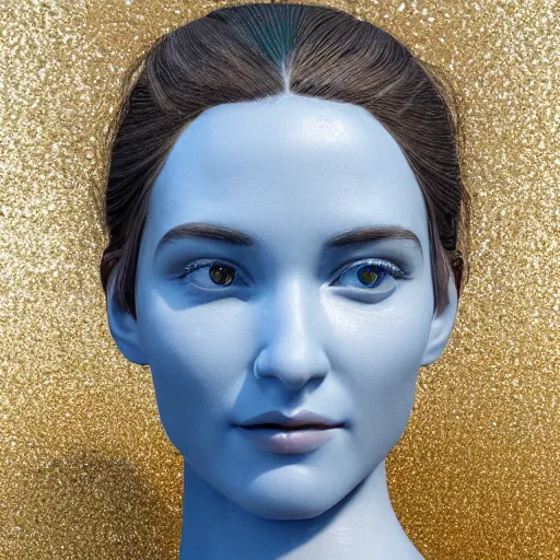 Prompt: a blue marble statue masterpiece of a gorgeous woman made from blue marble with white and gold, macro detailed oily skin. highly detailed, sharpness. victorian dress. hyper realistic., close up, face only, portrait, bright lights, bright render, octane render, corona render