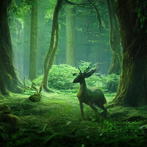 Image similar to deep forest with mystical creatures, rendered in octane, magic, love energy, nature, lush green environment, rendered octane