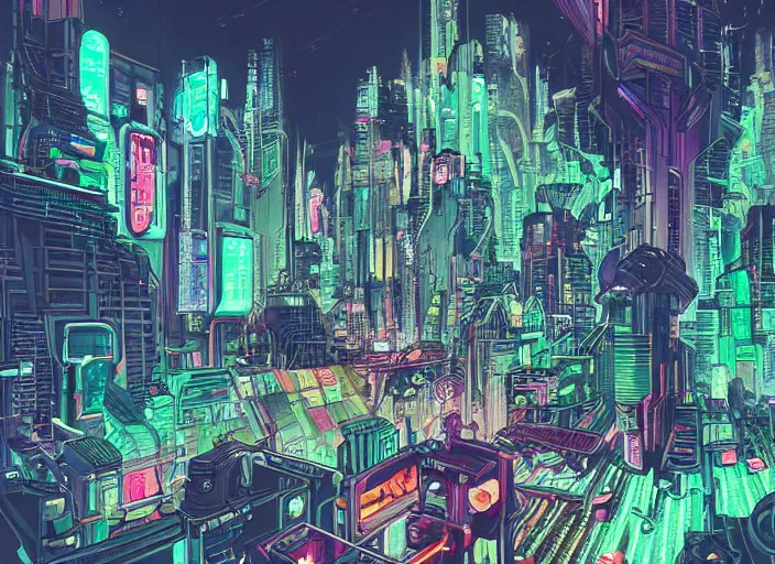 Prompt: a drawing of a futuristic city with lots of neon lights, cyberpunk art by josan gonzalez, behance contest winner, retrofuturism, cityscape, hellish background, dystopian art