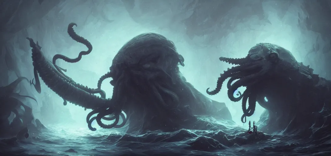 Image similar to cthulhu underwater eating a void fish, by peter mohrbacher dan mumford craig mullins nekro, cgsociety, pixiv, volumetric light, 3 d render, smoke, dark fog, high contrast colors