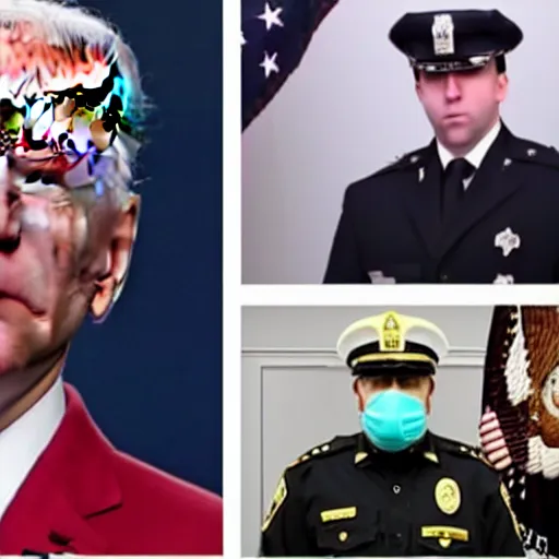 Image similar to biden arrested by himself dressed as a cop, realistic photography