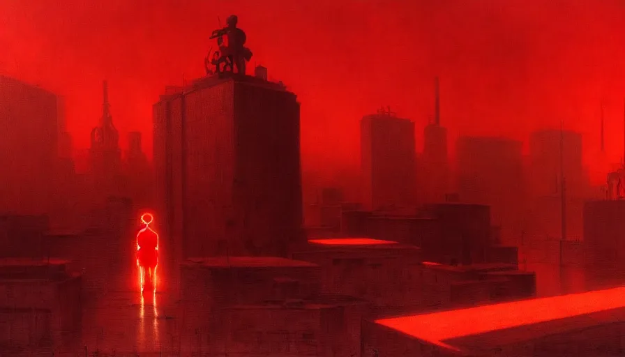 Image similar to only with red, soviet communism city atmosphere with soviet flag, in the style of beksinski and rodcenko and yue minjun and cory loftis, intricate and epic composition, red by caravaggio, highly detailed, masterpiece, red light, artstation, art nouveau