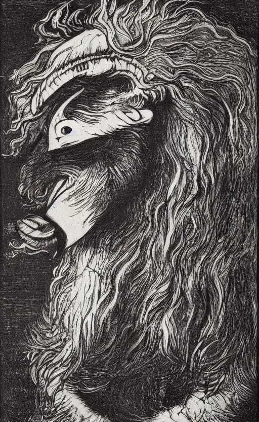 Image similar to a creature with the body and eyes of a man, with the beak of an eagle, the mane of a lion, and the horns of an ox. drawn by francis bacon