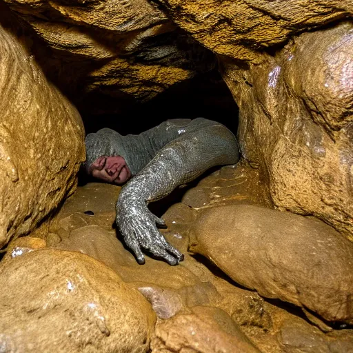 Prompt: photo inside a cavern of a wet reptilian humanoid partially hidden behind a rock watching a tourist