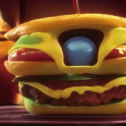 Image similar to the strange cheeseburger creature at the fast food place, film still from the movie directed by denis villeneuve and david cronenberg with art direction by salvador dali and zdzisław beksinski, wide lens