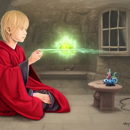 Prompt: Portrait of a 12 year old white boy with blond medium length hair, sitting cross-legged, wearing red sorcerer's robes, holding an illuminated crystal ball in his hands and gazing into it, inside of a cabin, Dungeon's & Dragons, digital illustration, deviantart, matte fantasy painting, by Jason Felix by Steve Argyle by Tyler Jacobson by Peter Mohrbacher