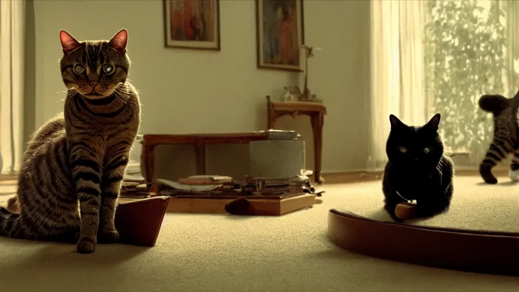 Image similar to an average american cat in the living room, film still from the movie directed by Denis Villeneuve with art direction by Salvador Dalí, wide lens