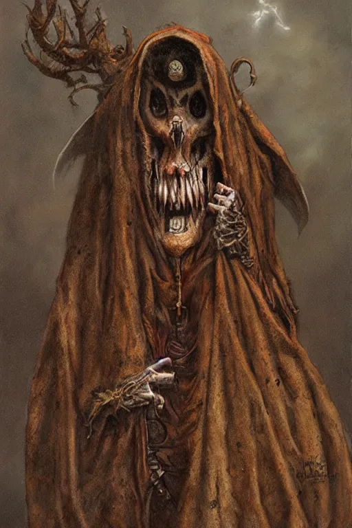 Image similar to a sniveling rat person wearing a decaying brown cloak, painting by ed binkley