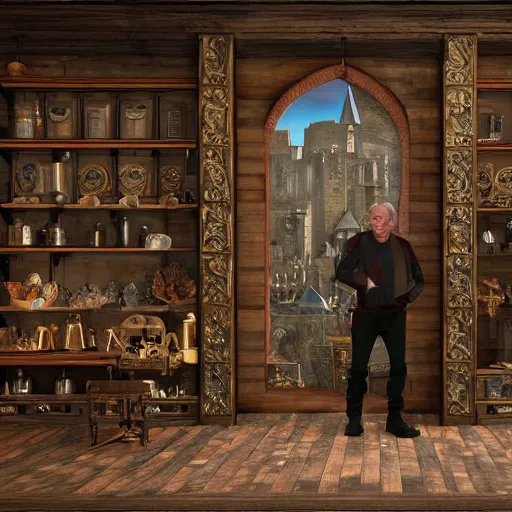 Image similar to full body portrait of Dennis hopper as a devious medieval lord standing on the right inside a big medieval Shop with tall windowpane, shelves full of medieval goods, morning light, trending on artstation, style of midjourney, unreal engine, octane render, intricate details, 8k high definition, beauriful, ornate, hyperrealistic