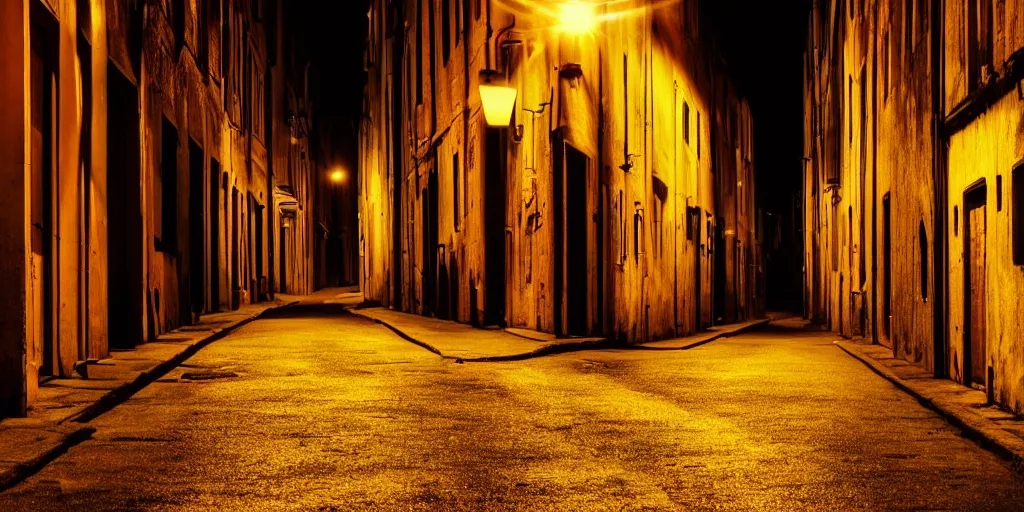 Prompt: night photo with sunlit street