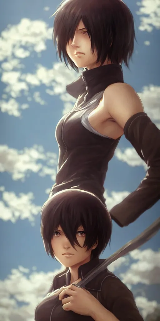 Image similar to mikasa ackerman, hero pose, medium shot, bokeh, beautiful face!!!!, 2 7 years old, cg animation, lifelike, animated, realistic, character select portrait, by artgerm, greg rutkowski, alphonse mucha, 3 d