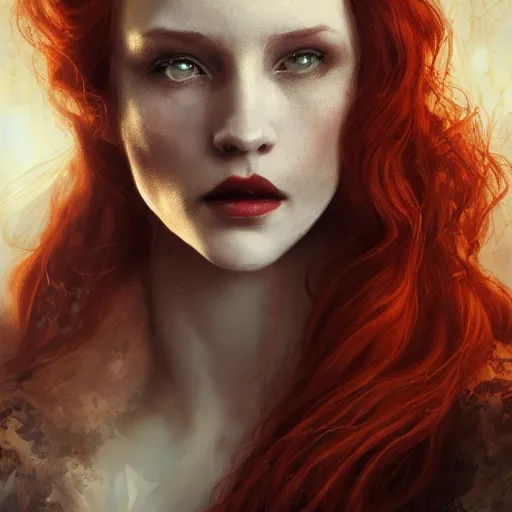 Prompt: majestic gracious regal aristocratic redhead female vampire portrait, atmospheric lighting, painted, voluptuous, menacing, intricate, volumetric lighting, beautiful, rich deep colours masterpiece, sharp focus, ultra detailed, by leesha hannigan, ross tran, thierry doizon, kai carpenter, ignacio fernandez rios