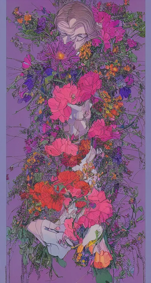Prompt: beautiful flowers by mœbius, overdetailed art, colorful, record jacket