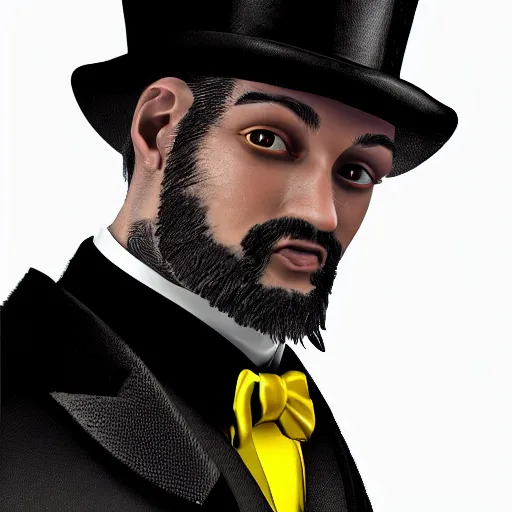 Image similar to a highly detailed portrait of a man in a high top hat covering his face, in a black tailcoat with a yellow waistcoat under the tailcoat, artstation, deviantart, professional, unreal engine 5, photorealistic