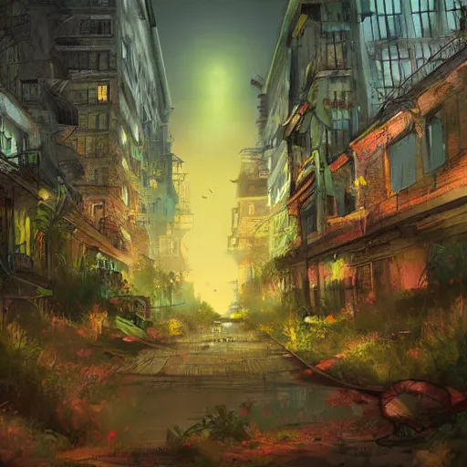 Prompt: digital art of abandoned overgrown city at night, artstation, colorful