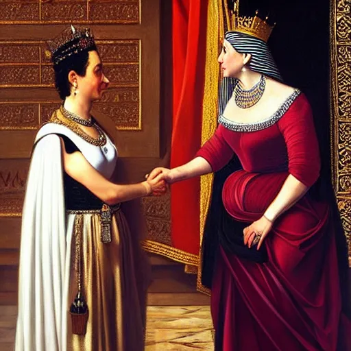 Prompt: hyper realistic oil painting of photo of queen elizabeth ii meeting queen cleopatra in egypt, in the style of caravaggio