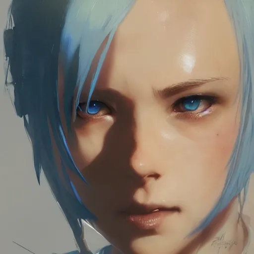 Image similar to realistic portrait of Sinon from sword art online, short blue hair, dramatic lighting, illustration by Greg rutkowski, yoji shinkawa, 4k, digital art, concept art, trending on artstation