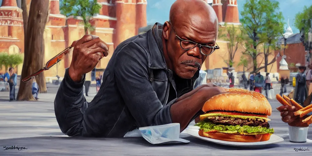 Prompt: highly detailed portrait painting of samuel l jackson eating burger sitting on square near moscow kremlin, balalaika, perfect symmetrical eyes, by eddie mendoza and tyler edlin, 8 k resolution