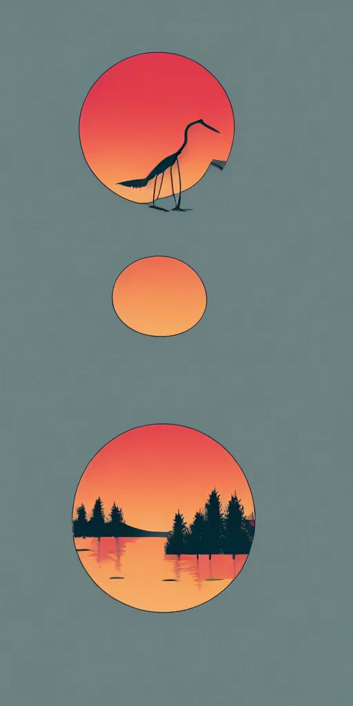 Prompt: , tshirt design, logo style, a crane and a lake next to a forest of pines, big red sun in the background, fresh modern look, thick line art, made with photoshop,