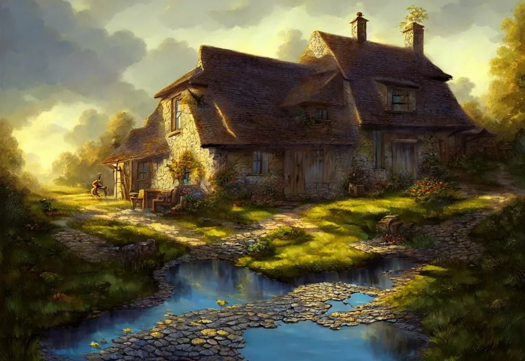 Prompt: a small georgion country house with a gravel path and small fishpond, cinematic view, blue sky, detailed, concept art, high angle, high detail, warm lighting, volumetric, godrays, vivid, trending on artstation, by jordan grimmer, art greg rutkowski