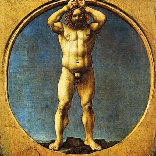 Image similar to atlas holding the world in his back painted by leonardo da vinci