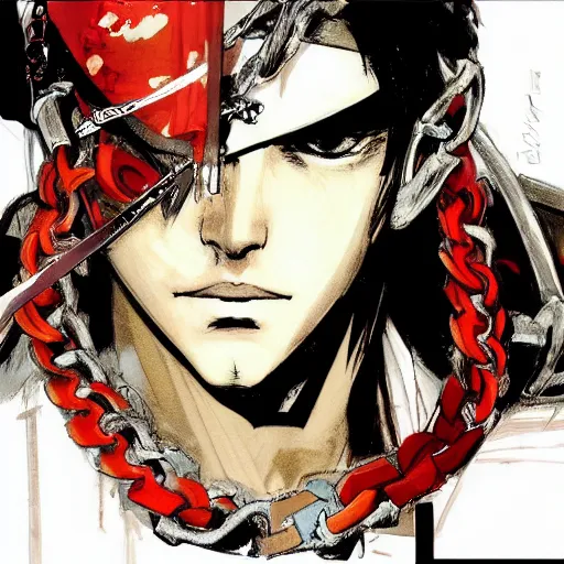 Image similar to portrait of a young white hero using his right arm to hold his sword covering his eye illustrated by yoji shinkawa, high quality, extra details, realism, ornate, colored, golden chain, blood, white skin, short hair, brown eyes, vivid, sunlight, red headband, black eyepatch, white american soldier, painting, cybernetics, military