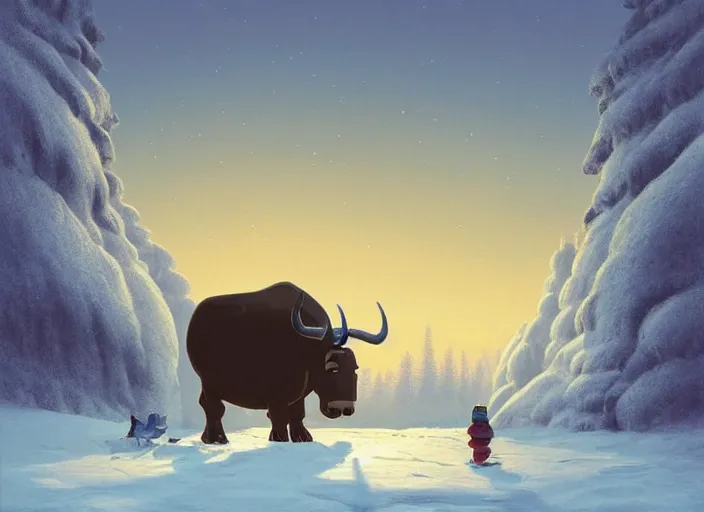 Image similar to the tunnel into winter, cottagecore, giant bull inside church, glowing eyes, by Baksinsky, painted by Goro Fujita