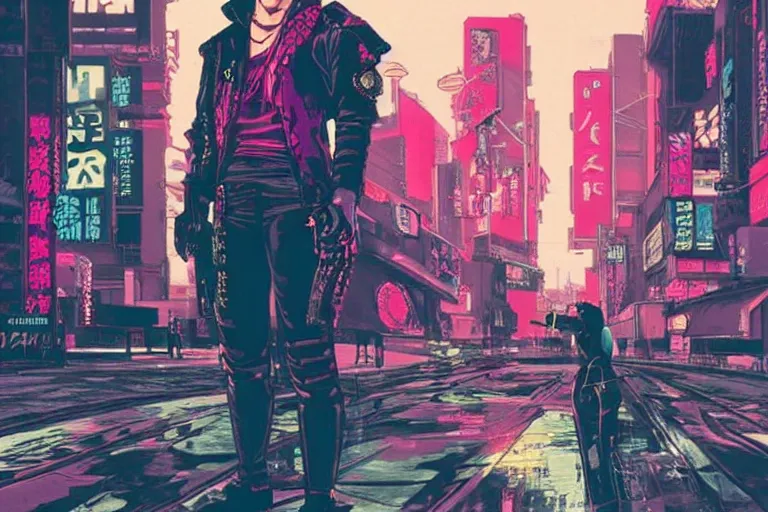 Image similar to punk leather samurai with pink hair. tokyo can be seen in the distance. art in the style of vincent di fate's cyberpunk 2 0 2 0.