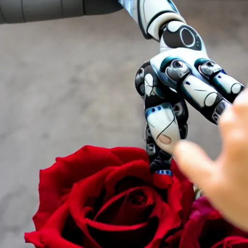 Prompt: a robot hand touching a rose