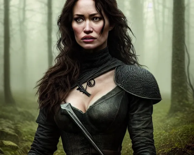 Prompt: 5 5 mm portrait photo of olga kurylenko as real life tough looking yennefer of vengerberg in black leader armor, in a forest. magical atmosphere. art by greg rutkowski. highly detailed 8 k. intricate. lifelike. soft light. nikon d 8 5 0.