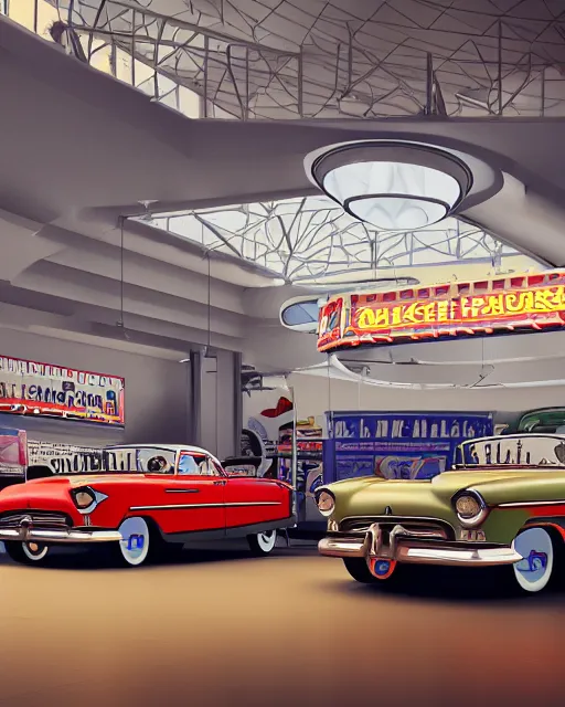 Prompt: indoors of car show pavilion with great cars of 1950s with stages like drive in and gas station, volumetric lighting, 1950s palette, hyper realism, high detail, octane render, high contrast , 8k