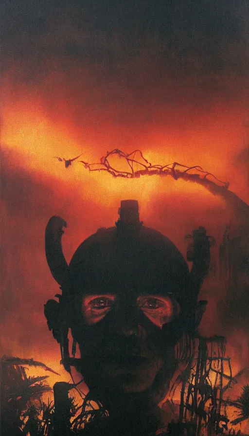 Prompt: rudy giuliani's face close up on the apocalypse now poster, red sunset, snake river in the jungle, black helicopters, air brush, oil paint, radiant light, caustics, heroic, bright iridescent light, by gaston bussiere, bayard wu, greg rutkowski, maxim verehin