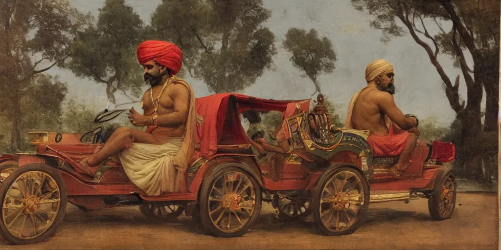 Image similar to man driving a car in the style of raja ravi varma, high detail, realism, national gallery of delhi