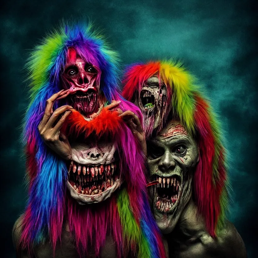 Image similar to a beautiful, colorful, flesh - eating, whimsical monster with rainbow fur, eating a terrified man, by alexandro judorowski and basia tran, fear, morbid, nightmare, supernatural, 8 k, digital art, highly detailed, chiaroscuro, creepy, terrifying