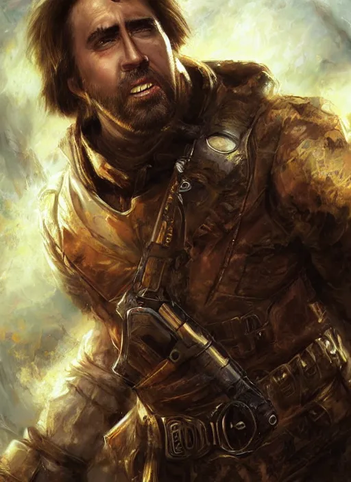 Image similar to highly realistic nicholas cage as a ranger painted by raymond swanland