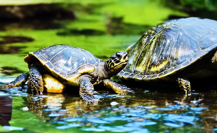 Prompt: a photo of a wild turtle turtle in their pond eating a big dish of sushi sushi