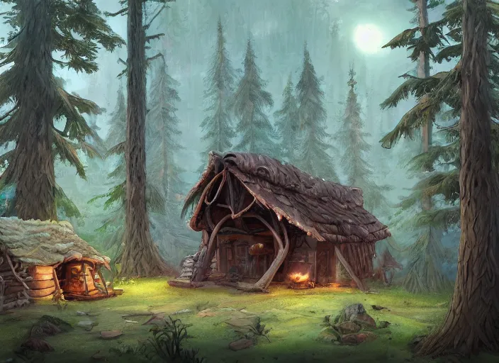 Prompt: a cartoonish rustic ramshackle hut in a mystical forest full of wonders, pine trees, magical atmosphere, trending on artstation, 30mm, by Noah Bradley trending on ArtStation, deviantart, high detail, stylized portrait