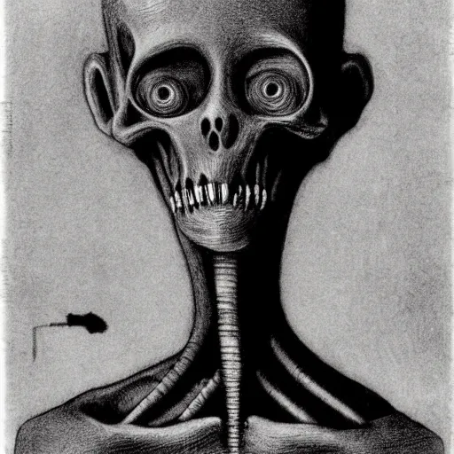 Prompt: humanoid with crooked teeth, two black eyes, long open black mouth, alien looking, big forehead, horrifying, killer, creepy, dead, slightly realistic, long neck, boney, monster, tall, skinny, skullish, deathly, in the style of alfred kubin