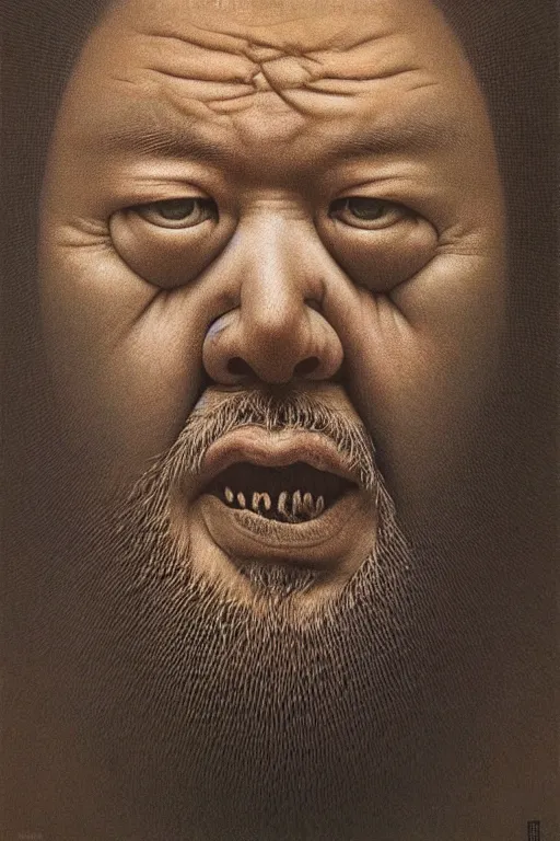 Image similar to ascii art, hyperrealism oil painting, portrait scary ai weiwei style zdzislaw beksinski