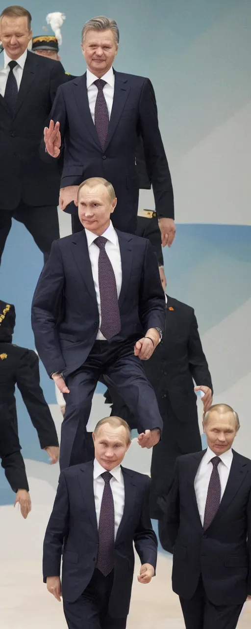 Prompt: the finnish president sauli niinisto doing a superhero landing on top of vladimir putin