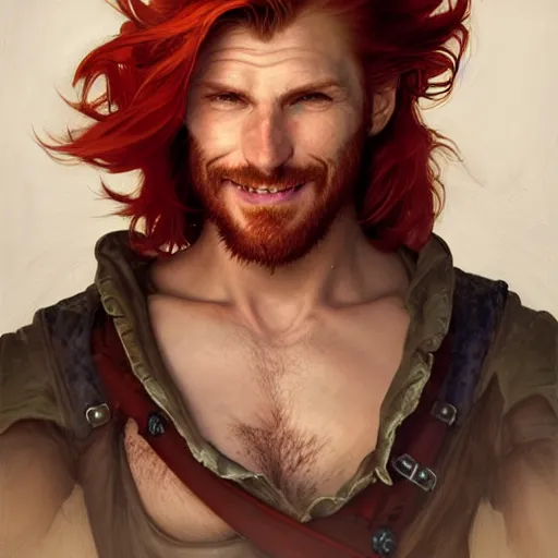 Image similar to portrait of a young ruggedly handsome but joyful pirate with red hair, male, masculine, upper body, red hair, long hair, d & d, fantasy, joyful smirk, intricate, elegant, highly detailed, digital painting, artstation, concept art, matte, sharp focus, illustration, art by artgerm and greg rutkowski and alphonse mucha