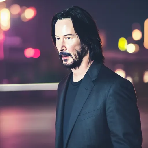 Image similar to a still of Keanu Reeves. Shallow depth of field. City at night in background, lights, colors ,studio lighting, mood, 4K. Profession photography