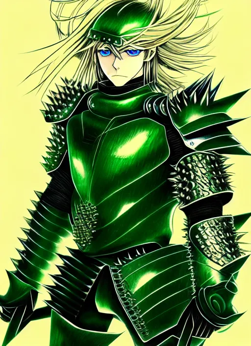 Prompt: a detailed manga full body portrait illustration of a man with long blonde hair and blue eyes wearing evil green spiked armour in a desolate place by hirohiko araki, detailed artwork, realism, 4 k resolution, detailed, high quality, sharp focus, hq artwork, insane detail, volumetric lighting, character concept art, fine details, clear subject, central subject