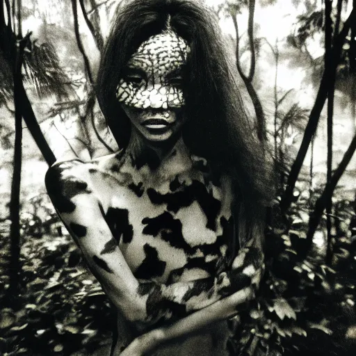 Prompt: photograph of a female model wearing camouflage by yohji yamaoto in a dense and misty jungle in the style of daido moriyama, camera obscura, 3 5 mm photography