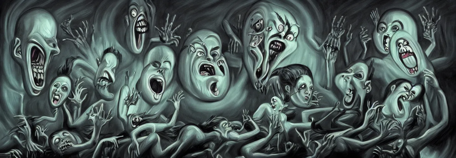 Image similar to visceral freaky obsessive monsters from the darkest depths of collective unconscious, dramatic glowing lighting, 1 9 3 0 s fleischer cartoon characters, wild emotional expressions - surreal painting by ronny khalil