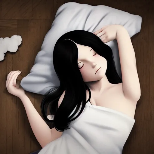 Prompt: little girl with an long black hair dressed in a simple white dress sleeping, anime art style, digital art ilya kuvshinov, inspired by balthus, hd, 4 k, hyper detailed, top view, dark, anatomically correct, angelic face