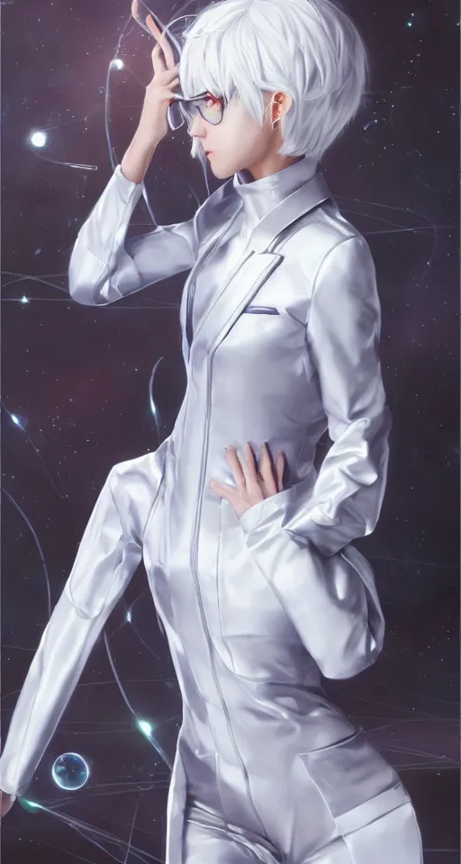 Image similar to a portrait of a scientist android girl with silver hair wearing white suit by artgerm and wlop and krenz cushart, painterly