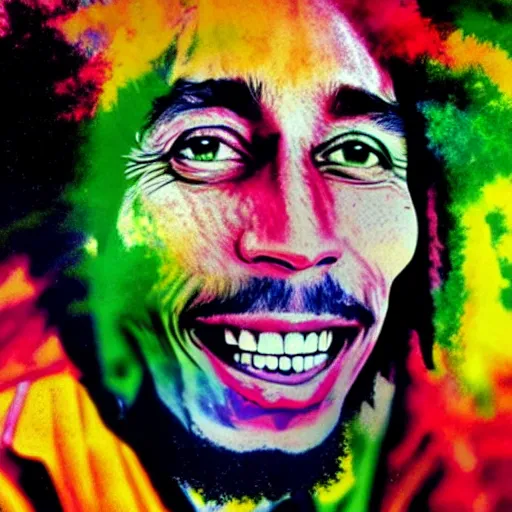 Image similar to colour masterpiece surreal closeup portrait photography of bob marley, highly detailed pop art, weird surreal epic psychedelic complex biomorphic 3 d fractal landscape, 8 k