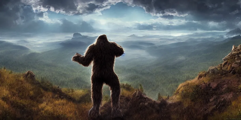 Prompt: Intricate detailed illustration, bigfoot looking out over a vast valley, cinematic lighting, by Philip Hood, wide angle, volumetric light scattering, 8k, artstation, concept art,
