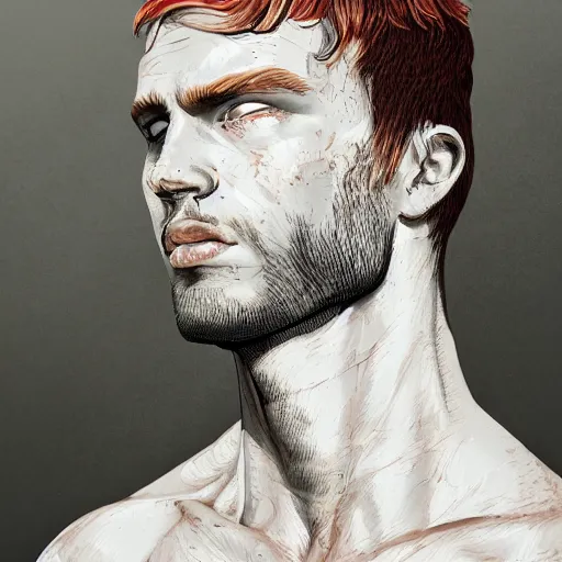 Image similar to portrait of a teen boy with long red hair and a lot of freckles and muscular, intricate, highly detailed, digital painting, artstation, sharp focus, illustration